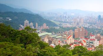 Maokong Gondola featuring mountains, a high rise building and a city