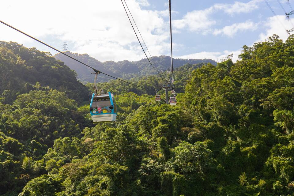 A cable car system in a lush, green forested area with mountains in the background.