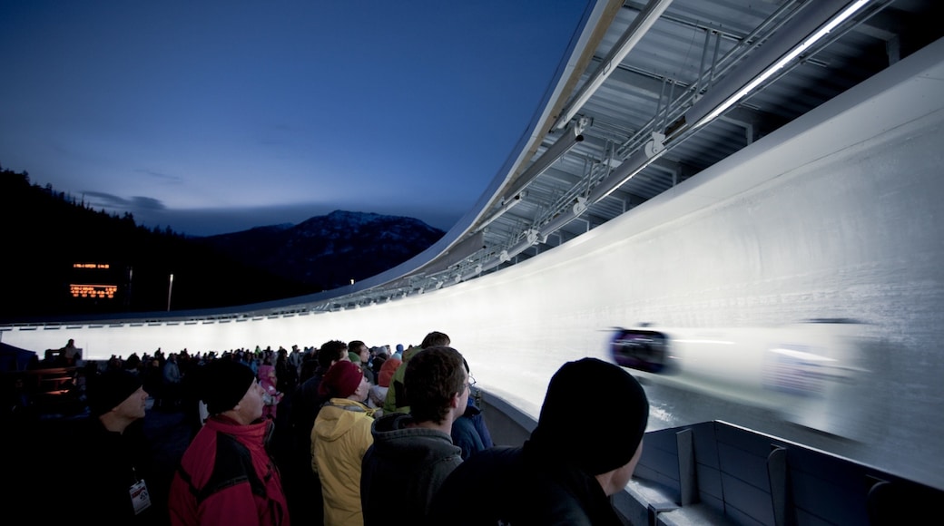 Whistler Sliding Centre featuring night scenes, snow and a sporting event