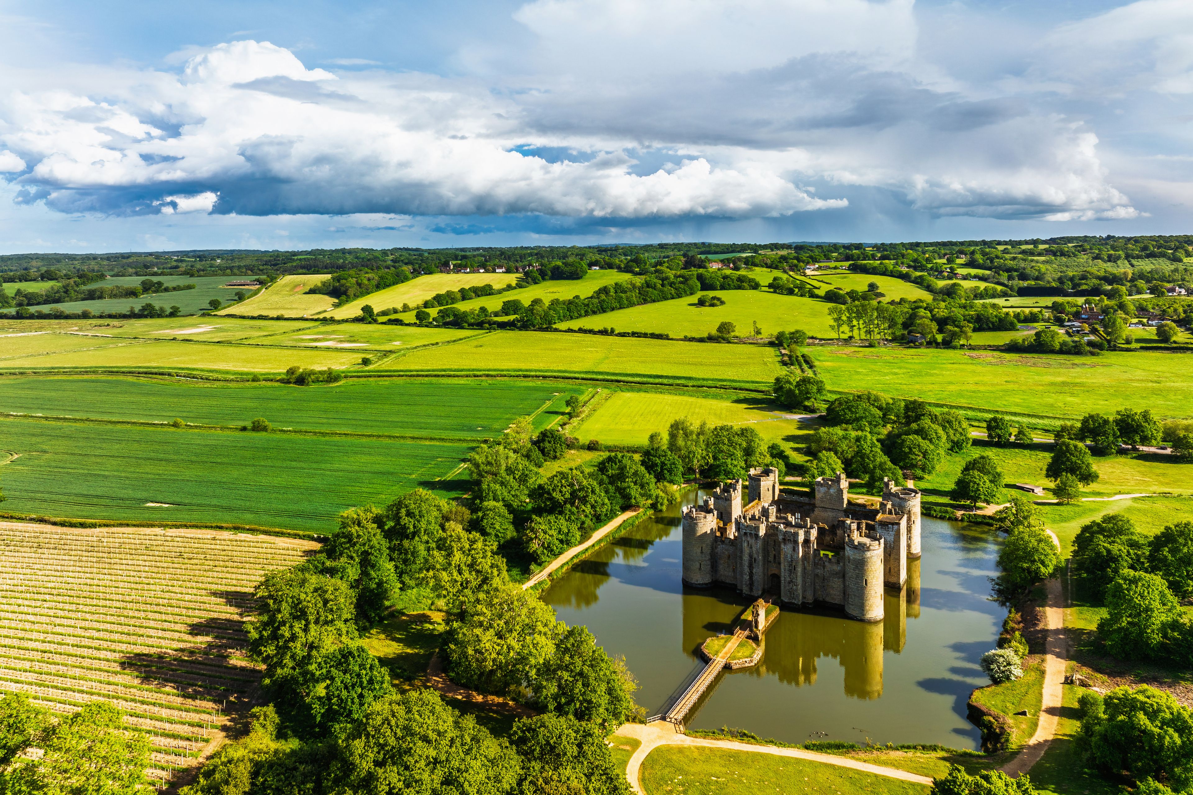 Bodiam Castle from a drone, Bodiam, Robertsbridge, East Sussex, England