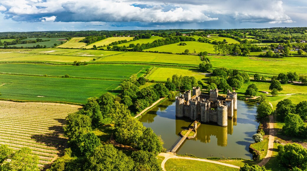 Bodiam Castle from a drone, Bodiam, Robertsbridge, East Sussex, England