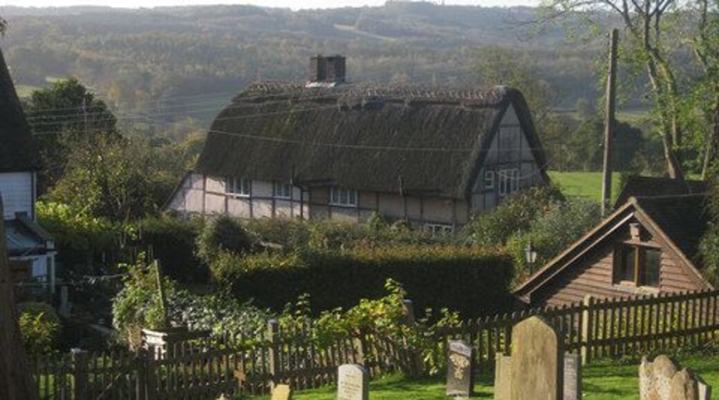 Thatched Cottage on Bell Alley Road Viewed through the graveyard of St Bartholomew's Church.