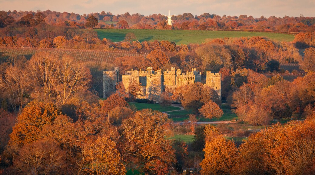 Bodiam castle during autumn from the high weald east Sussex south east England UK
