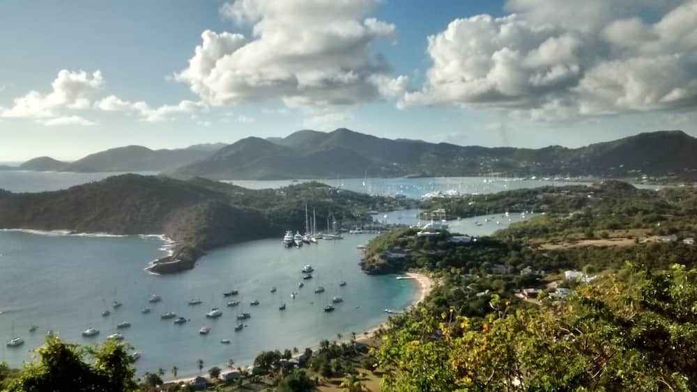 Un paysage côtier avec une baie remplie de bateaux, entourée de collines et d’une végétation luxuriante.