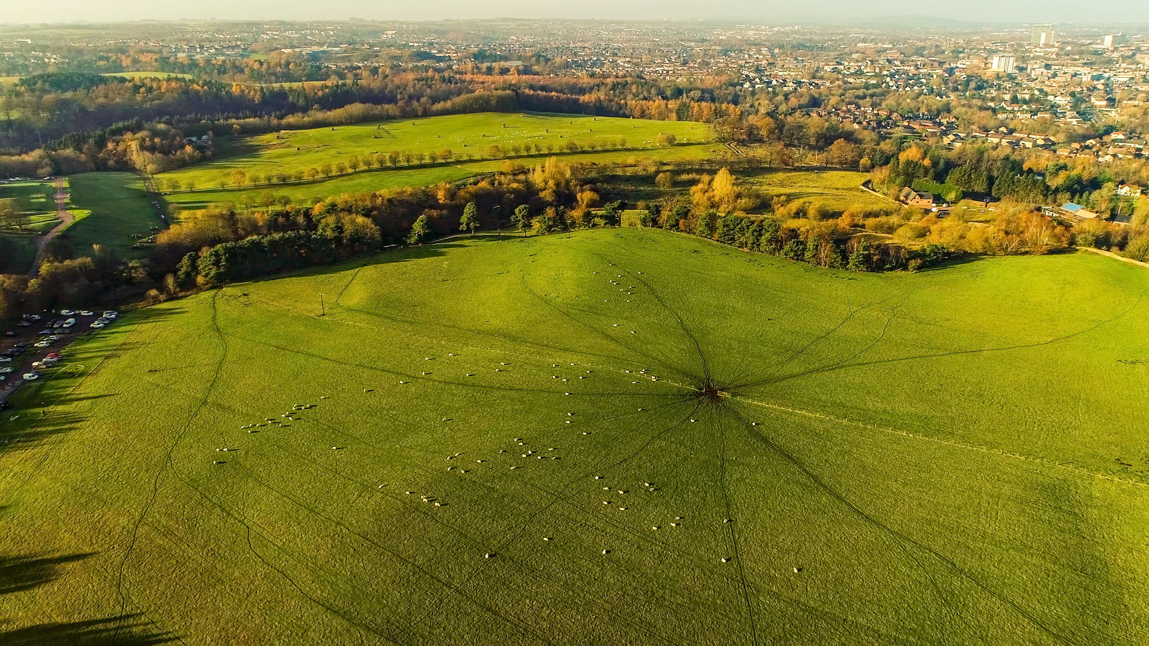 Aerial image over a green field with grazing sheep to the townscape of Coatbridge.