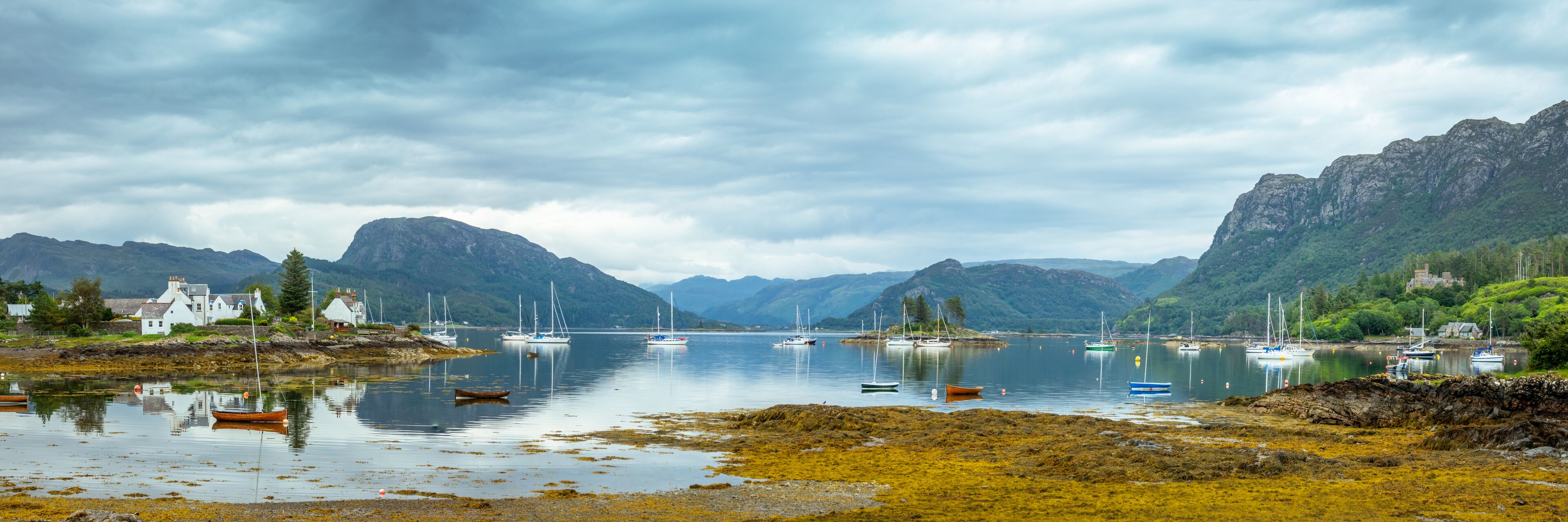 Panoramic landscape of Loch Carron and the village of Plockton in North  West Highlands, Scotland, UK