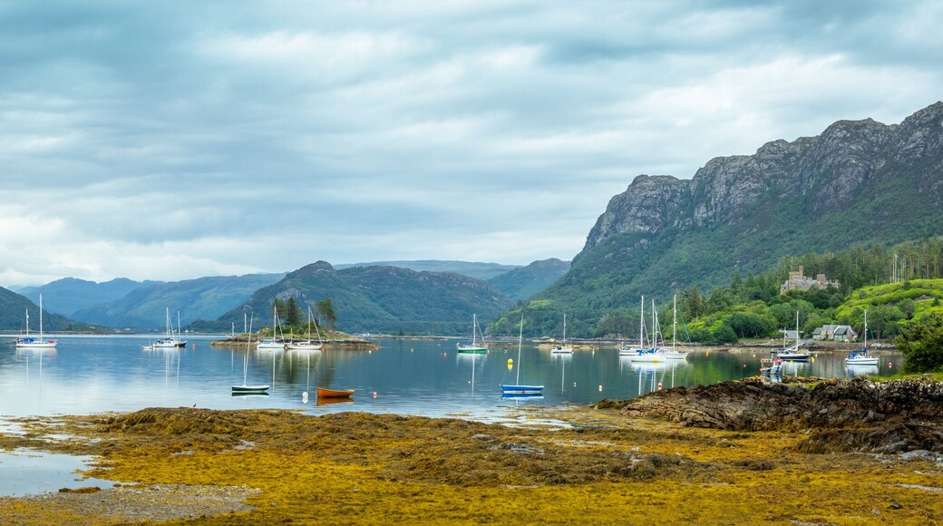 Panoramic landscape of Loch Carron and the village of Plockton in North West Highlands, Scotland, UK