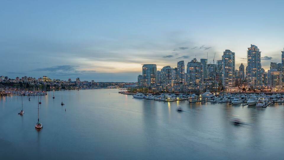 Panorama of Yaletown and downtown Vancouver after sunset.