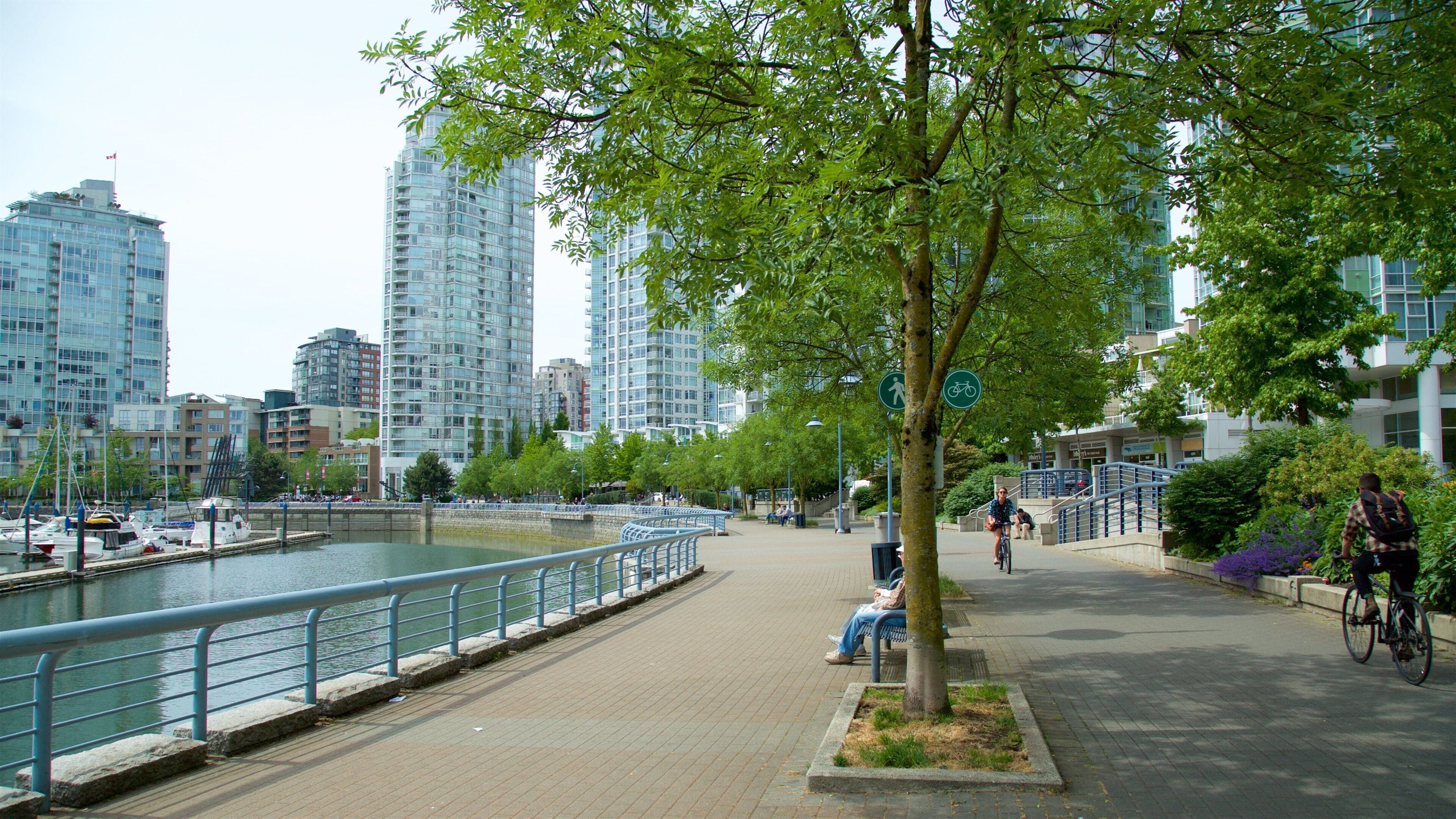 Une promenade en bord de mer agrémentée d’une piste cyclable, d’arbres et, en arrière-plan, de bâtiments modernes.