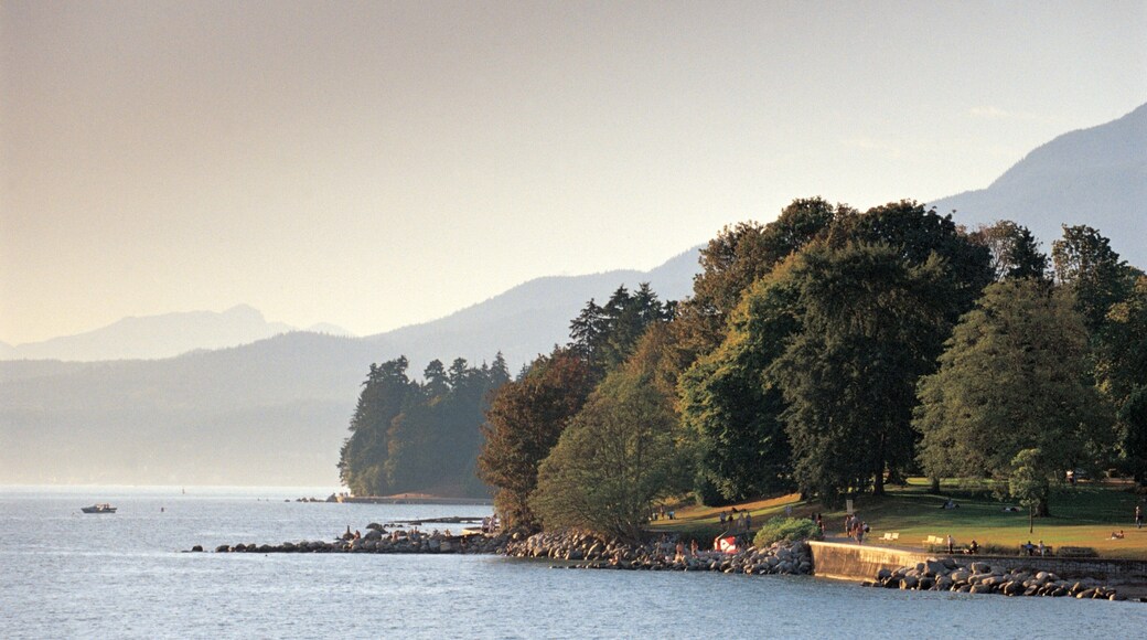English Bay Inukshuk showing landscape views, forest scenes and general coastal views