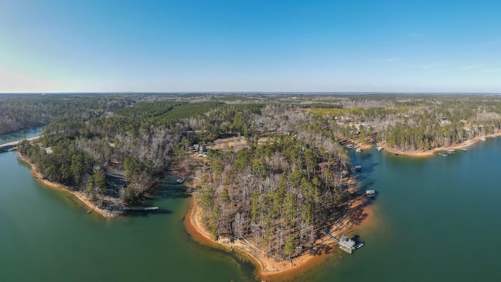 Aerial landscape Clarks Hill Lake in winter after Hurricane Helene in Appling Augusta Georgia