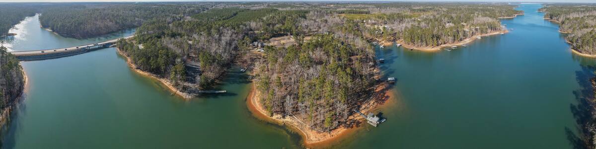 Aerial landscape Clarks Hill Lake in winter after Hurricane Helene in Appling Augusta Georgia
