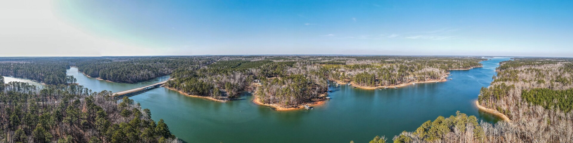Aerial landscape Clarks Hill Lake in winter after Hurricane Helene in Appling Augusta Georgia
