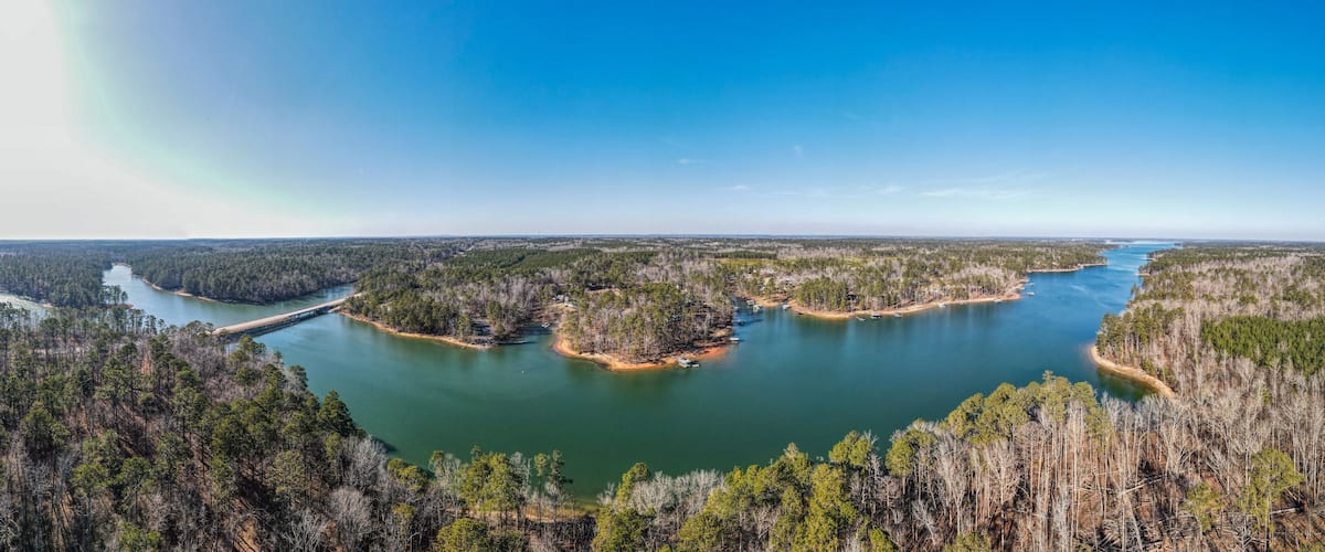 Aerial landscape Clarks Hill Lake in winter after Hurricane Helene in Appling Augusta Georgia