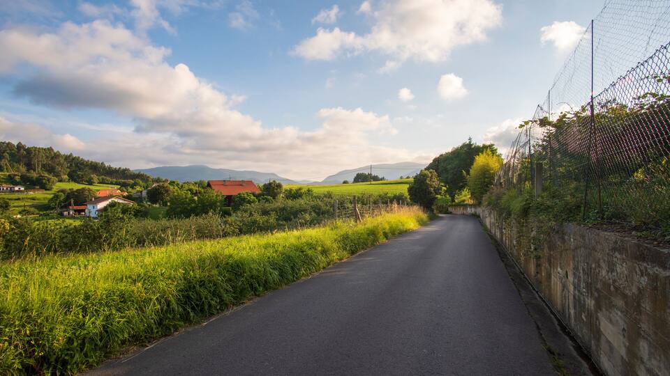 A rural road flanked by greenery and houses, with mountains in the distance.