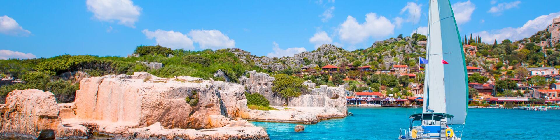 Sailing Yacht from sail regatta on mediterranean sea - Sailing luxury yacht with white sails in the Sea - Kekova island (ucagiz -Kale), Antalya Turkey