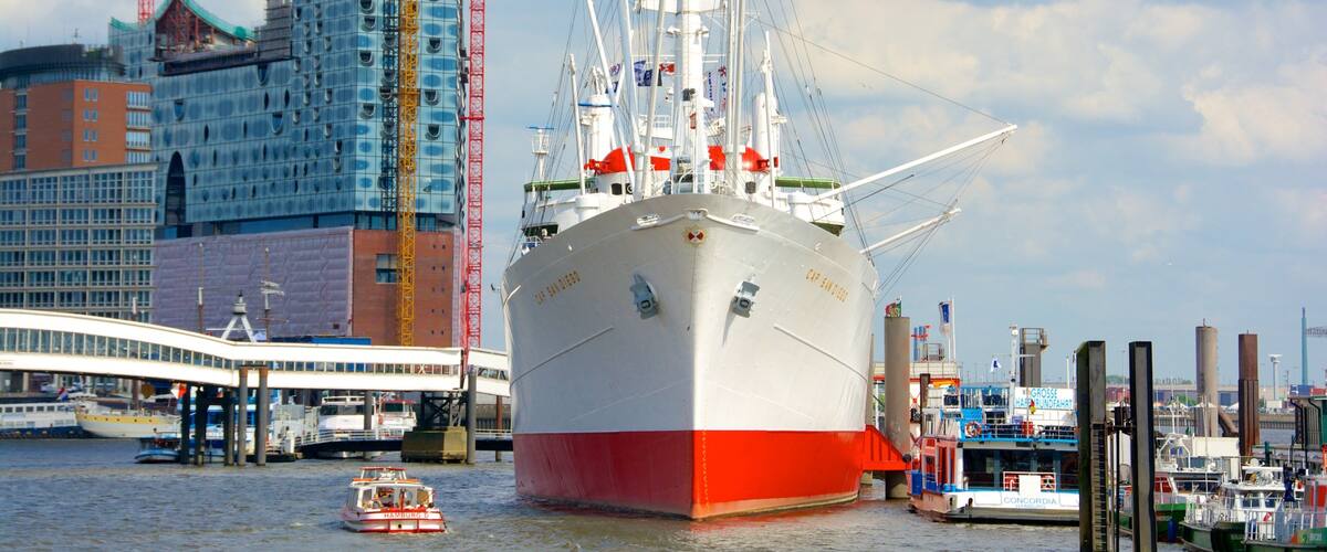 Cap San Diego showing a marina, a bay or harbor and a city