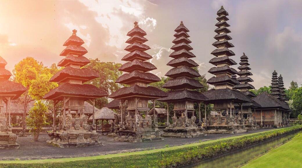 Traditional balinese hindu Temple Taman Ayun in Mengwi. Bali, Indonesia with sunlight