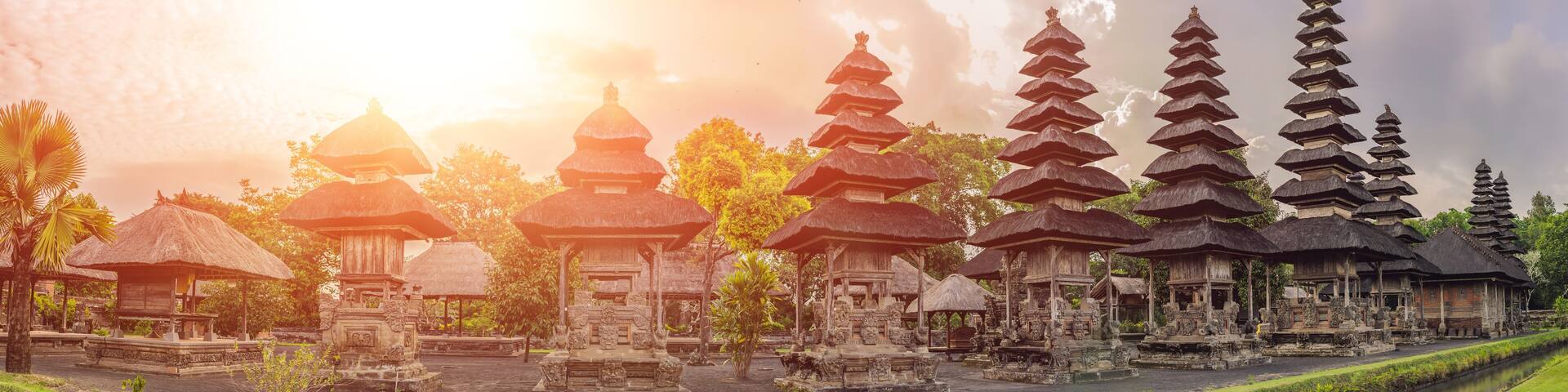 Traditional balinese hindu Temple Taman Ayun in Mengwi. Bali, Indonesia with sunlight