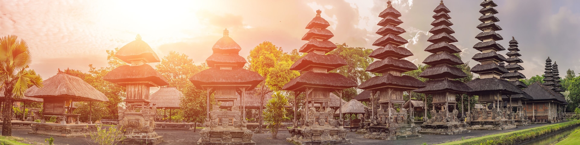 Traditional balinese hindu Temple Taman Ayun in Mengwi. Bali, Indonesia with sunlight