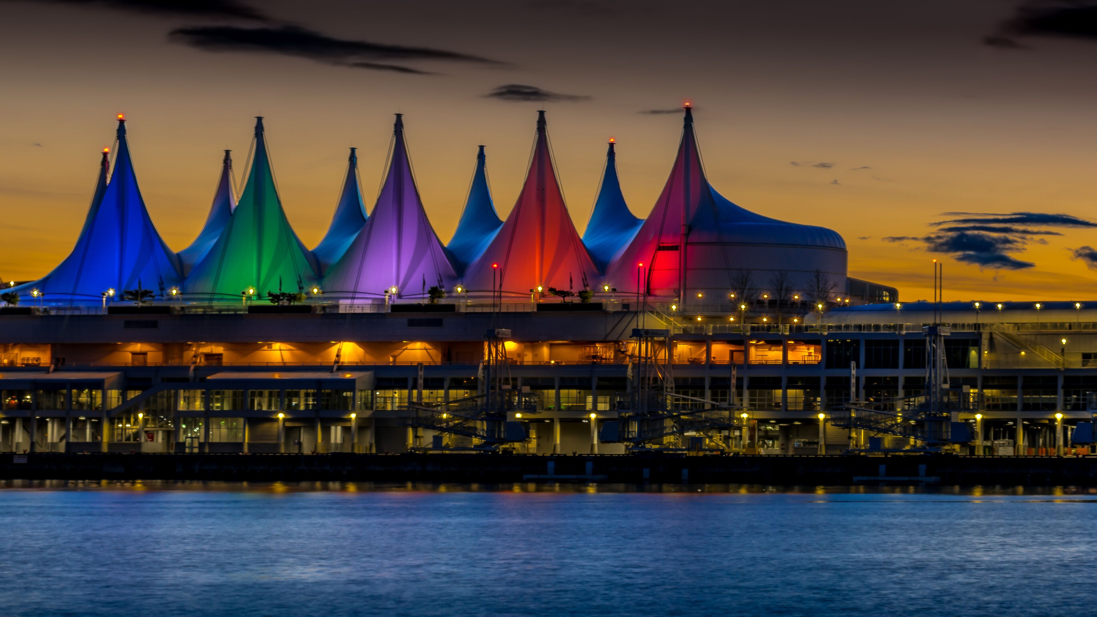 Blue Hour after the Sun has set over the Colorful Sails of Canada Place, the Cruise Ship Terminal and Convention Center on the Waterfront of Vancouver, British Columbia, Canada