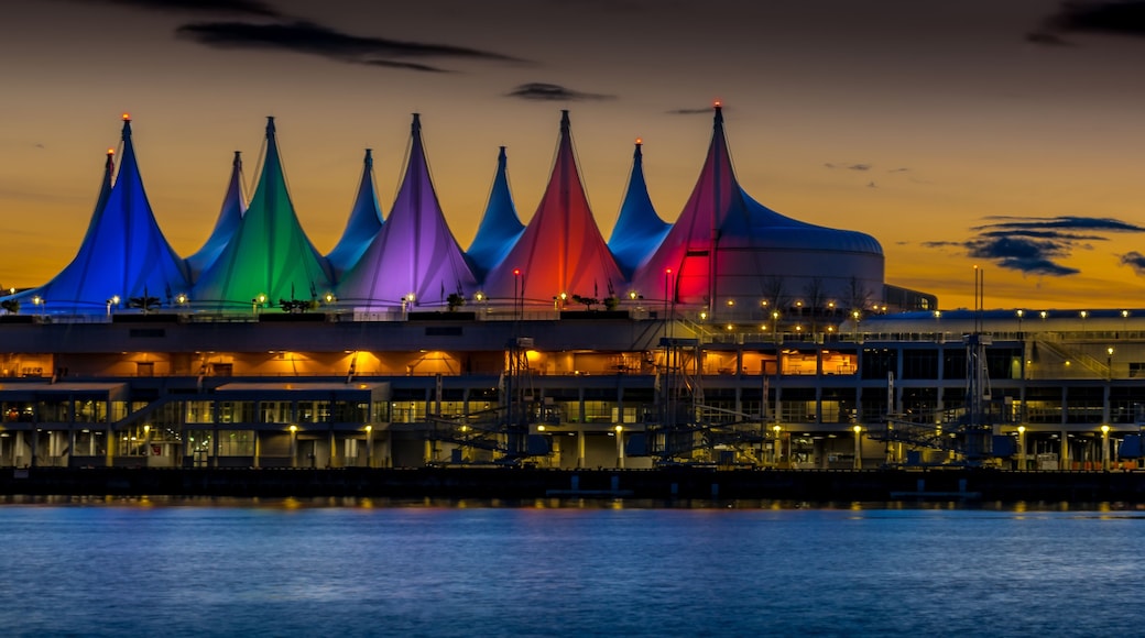 Blue Hour after the Sun has set over the Colorful Sails of Canada Place, the Cruise Ship Terminal and Convention Center on the Waterfront of Vancouver, British Columbia, Canada