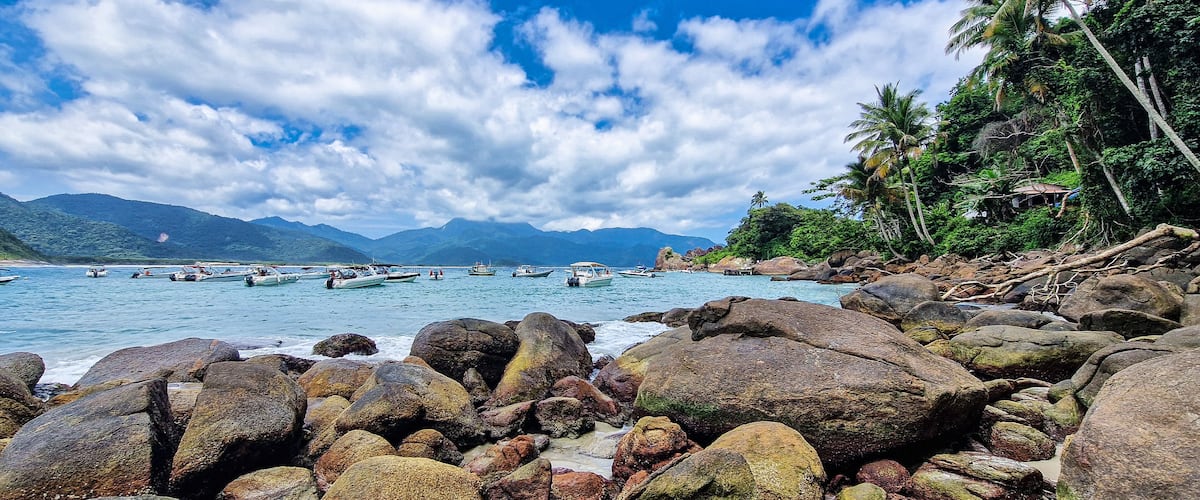 A rocky shoreline with boats on calm water, palm trees, and mountains in the background.