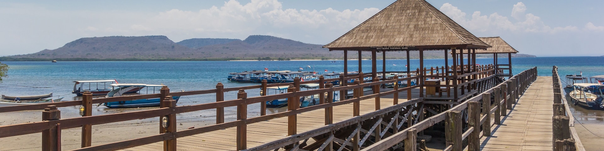Panorama of a wooden jetty at the Bali Barat National Park, Indonesia