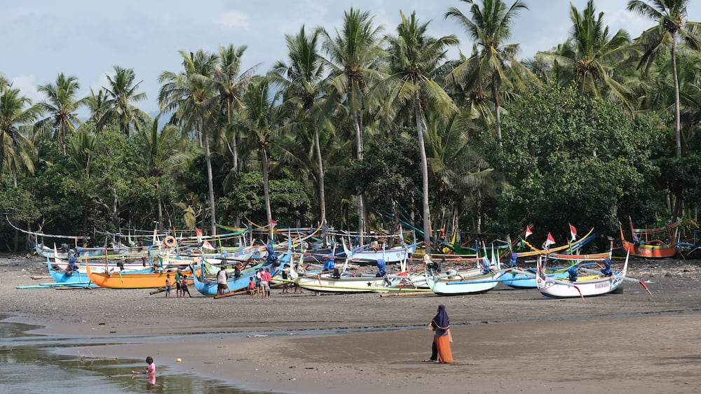 Indonesia Bali Pekutatan - Pantai Medewi - Outrigger fishing boat Medewi Beach