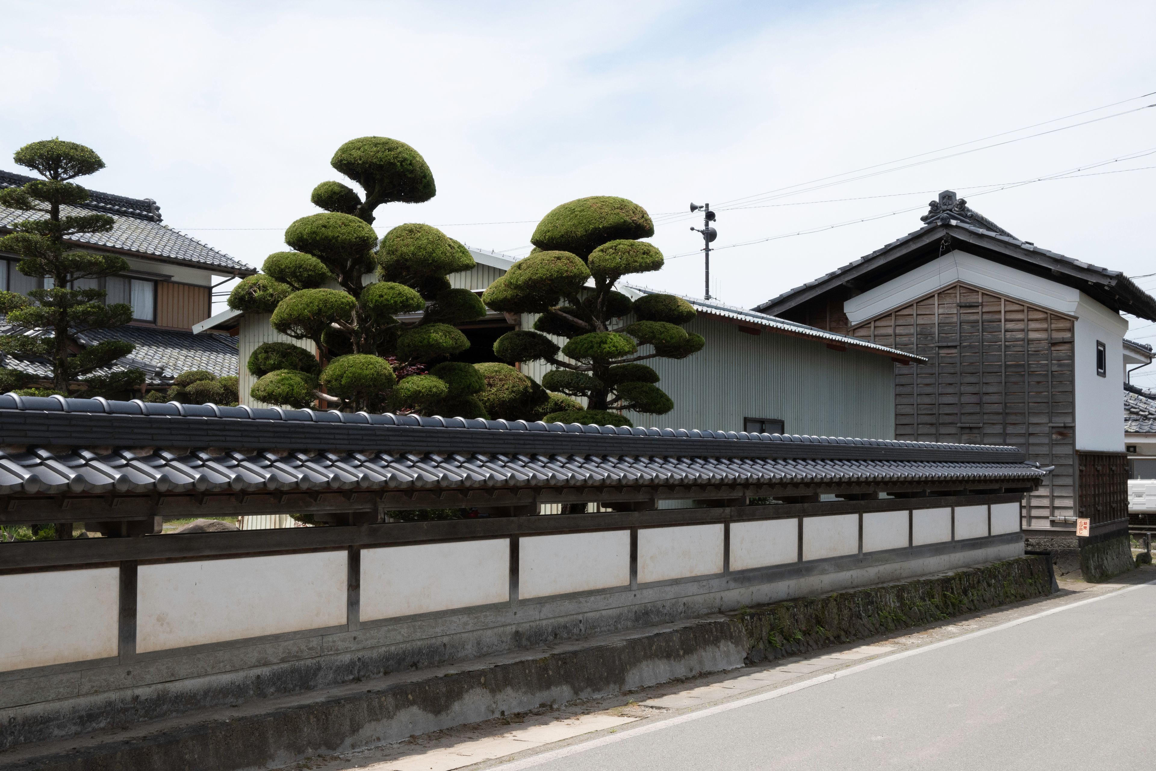 Un bâtiment japonais traditionnel, avec un toit recouvert de tuiles et un beau bonsaï bien entretenu devant l’entrée.