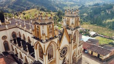 Colombia. The main plaza houses and church. Cathedral in Boyaca, Colombia.