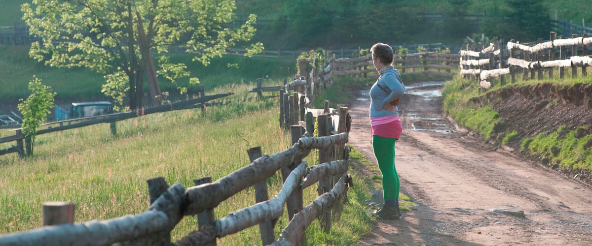 A rural dirt road with a wooden fence, a tree, and a person standing by the fence.