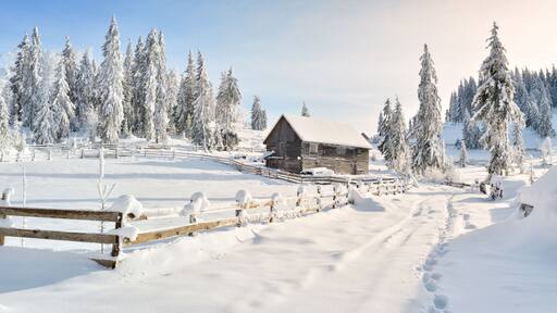 Un paisaje nevado con una cabaña de madera, árboles cubiertos de nieve y una valla de madera.