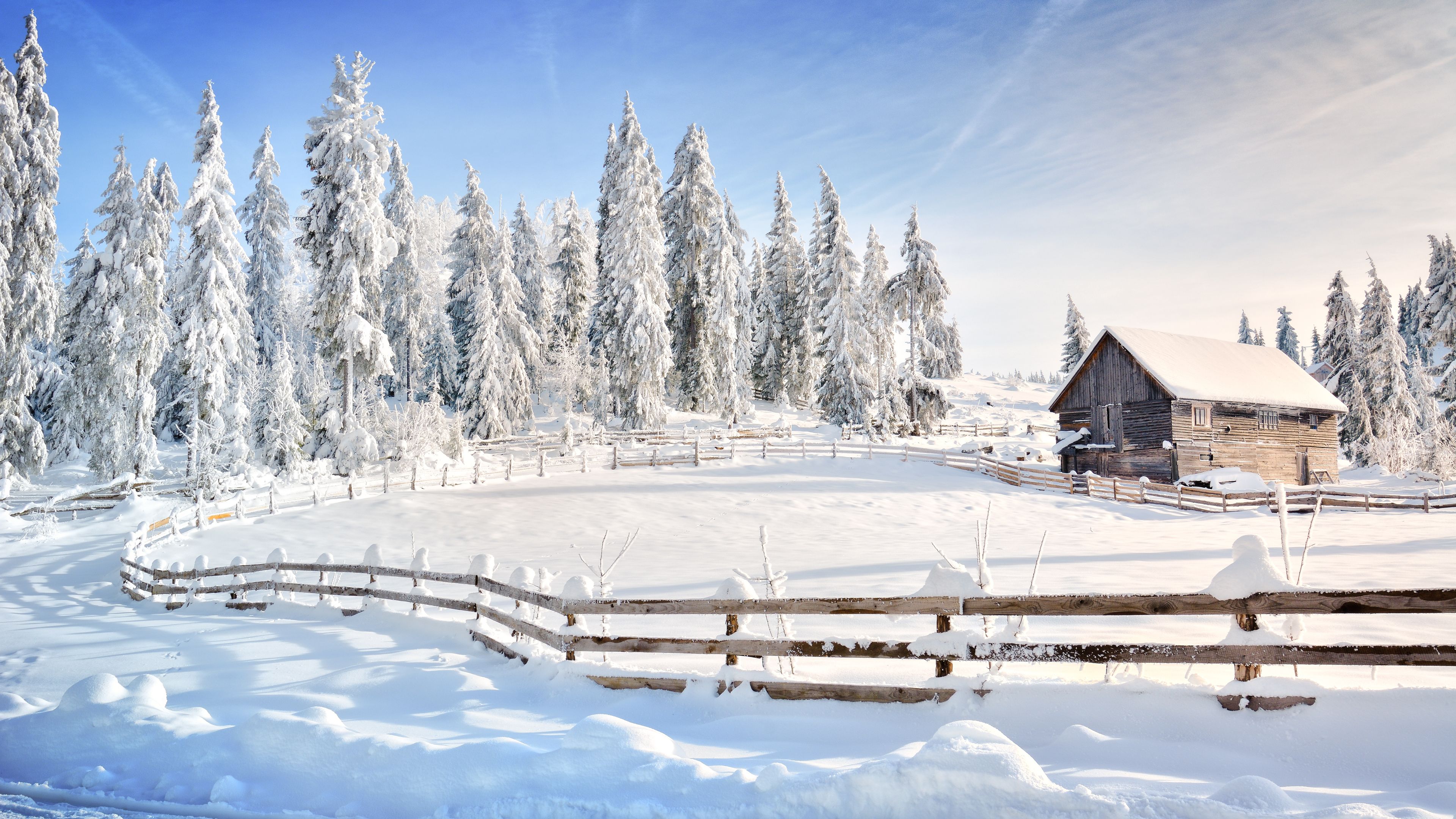 A snow-covered landscape with a wooden cabin and snow-laden trees.