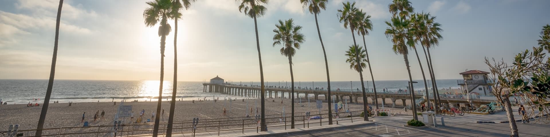 Manhattan Beach pier with aplm trees along the beach in California