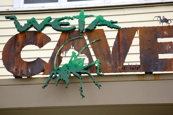 A metal sign with the words "Weta Cave" and a green insect sculpture.