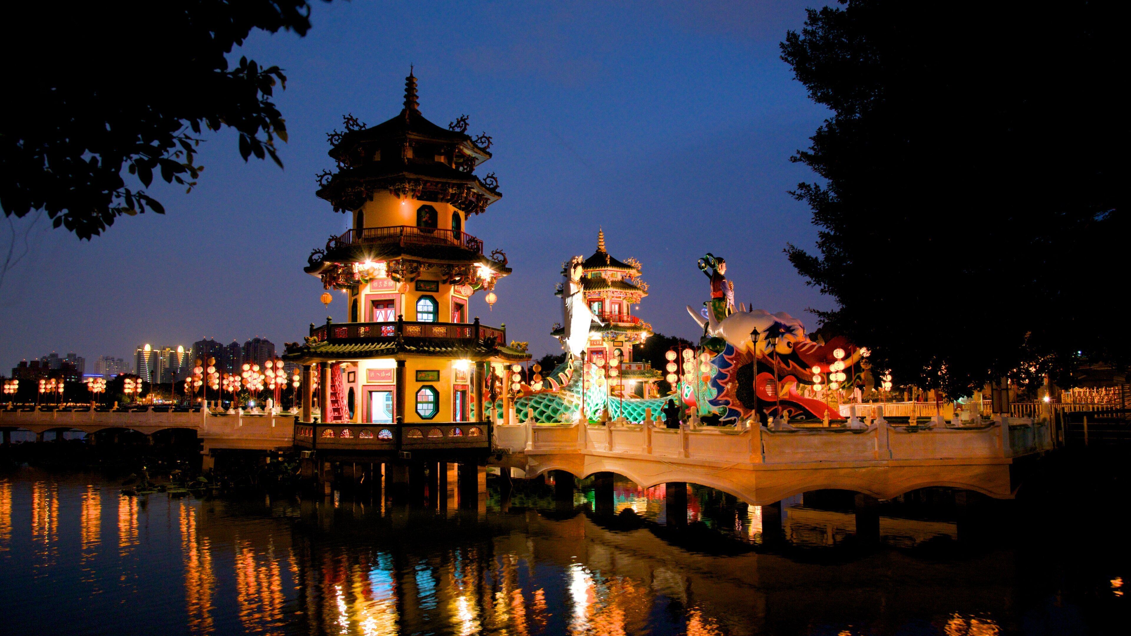 Spring and Autumn Pavillions which includes a temple or place of worship and night scenes