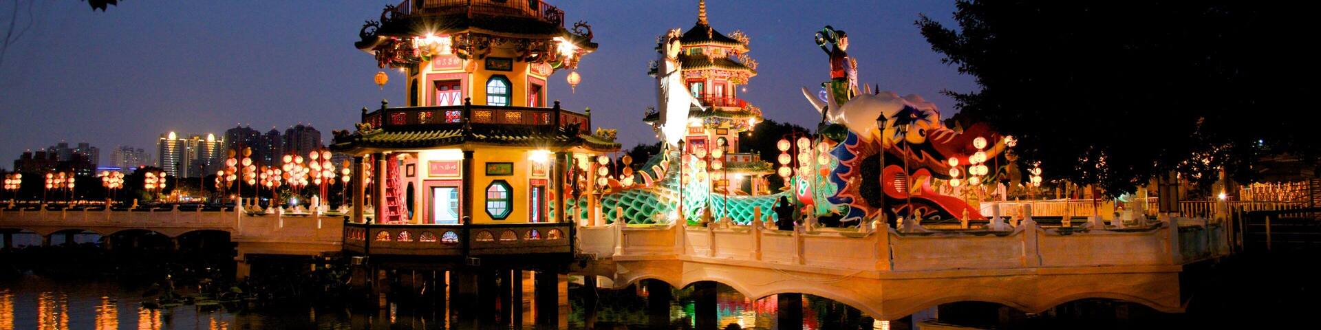 Spring and Autumn Pavillions which includes a temple or place of worship and night scenes