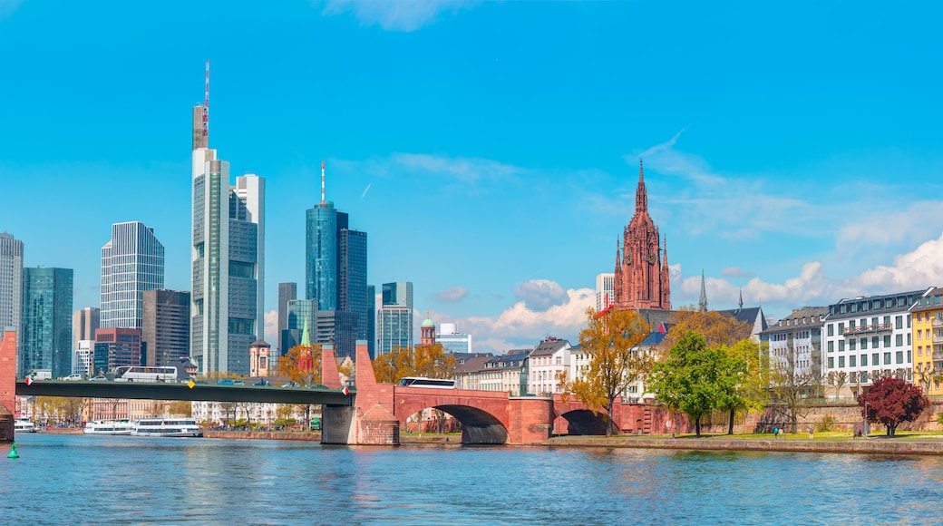 Large Cargo barge moving along the Main River with in the background beautiful view of Frankfurt am Main skyline - Frankfurt, Germany