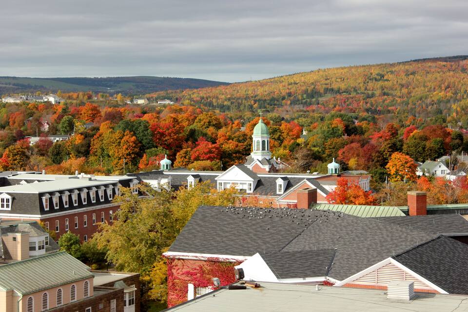 A town with autumn-colored trees, a church with a green dome, and residential buildings.