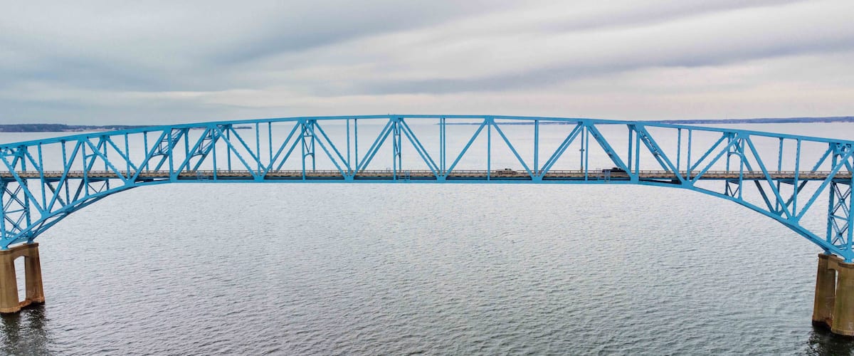 Aerial view of the beautiful Carolina blue bridge located near West Point, Virginia