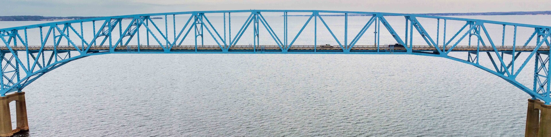Un puente metálico azul sobre una masa de agua.