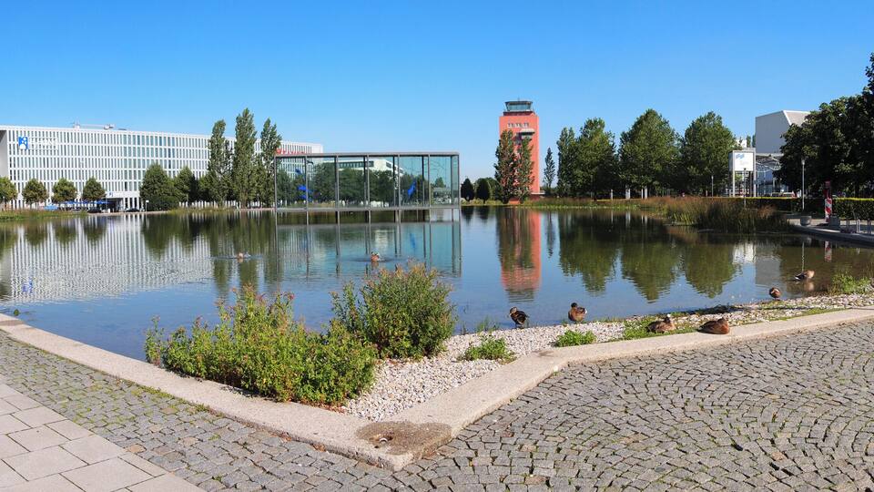 A pond surrounded by modern buildings, a clear blue sky, and a few ducks.