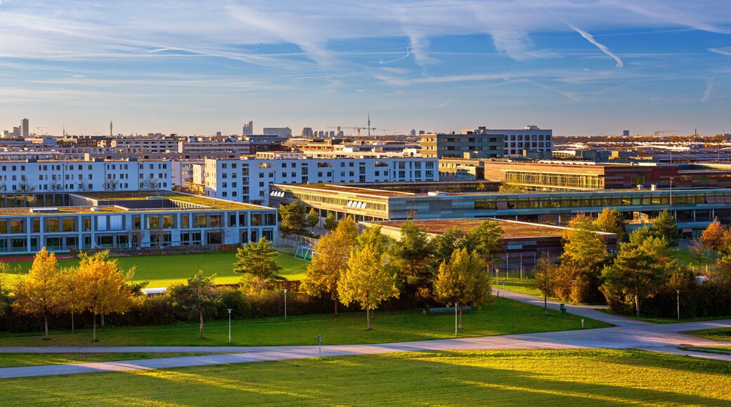 Autumn cityscape - view of the Munich district of Messestadt Riem with Riemer Park, Munich, Bavaria, Germany