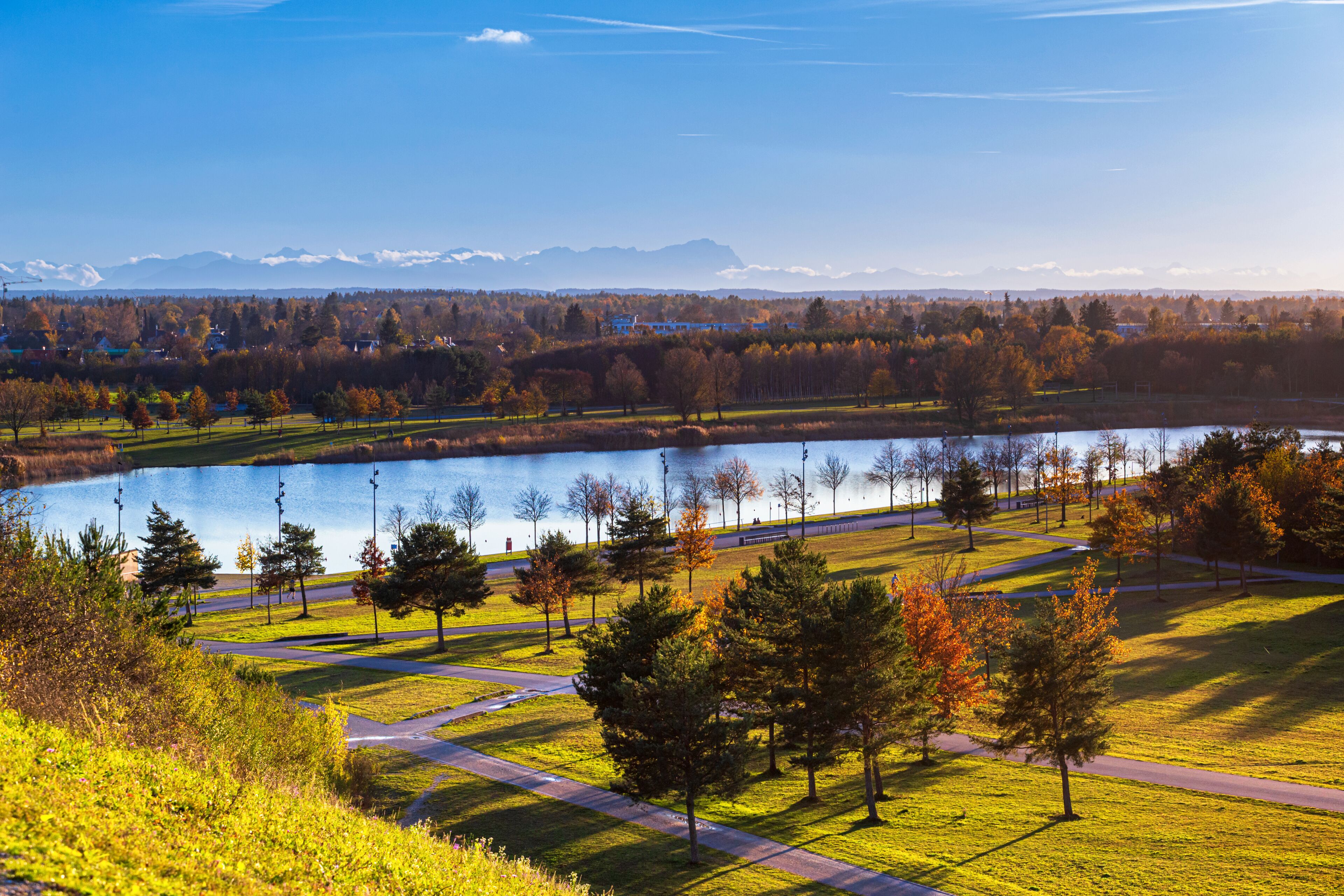 Autumn cityscape - view of the Riemer Park with Riemer lake in the Munich district of Messestadt Riem, Bavaria, Germany
