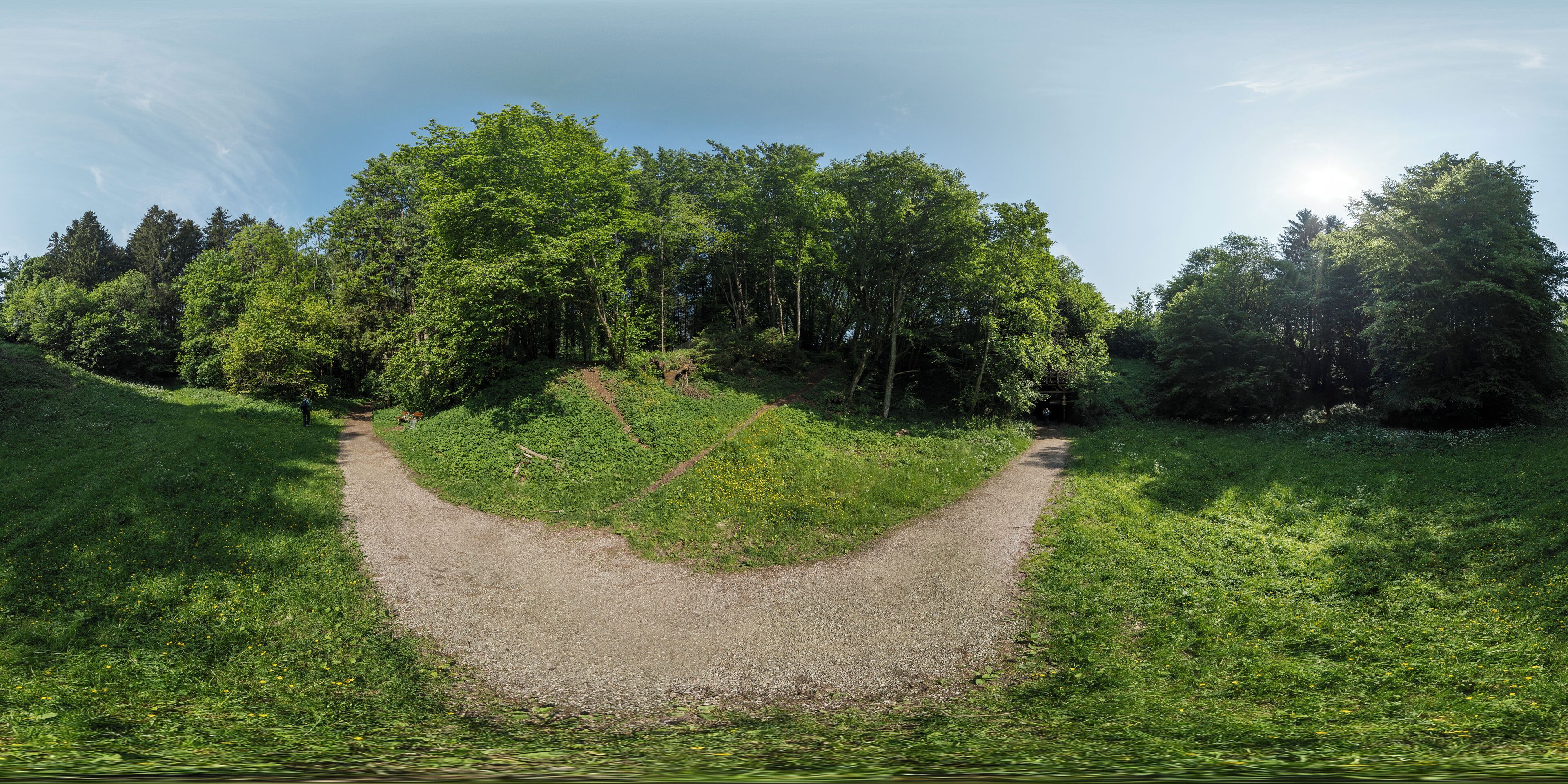 Vollsphärisches Panorama des Gleißentals westlich der Überführung Sauerlacher Straße, aufgenommen aus etwa 4 m Höhe über dem Weg.
