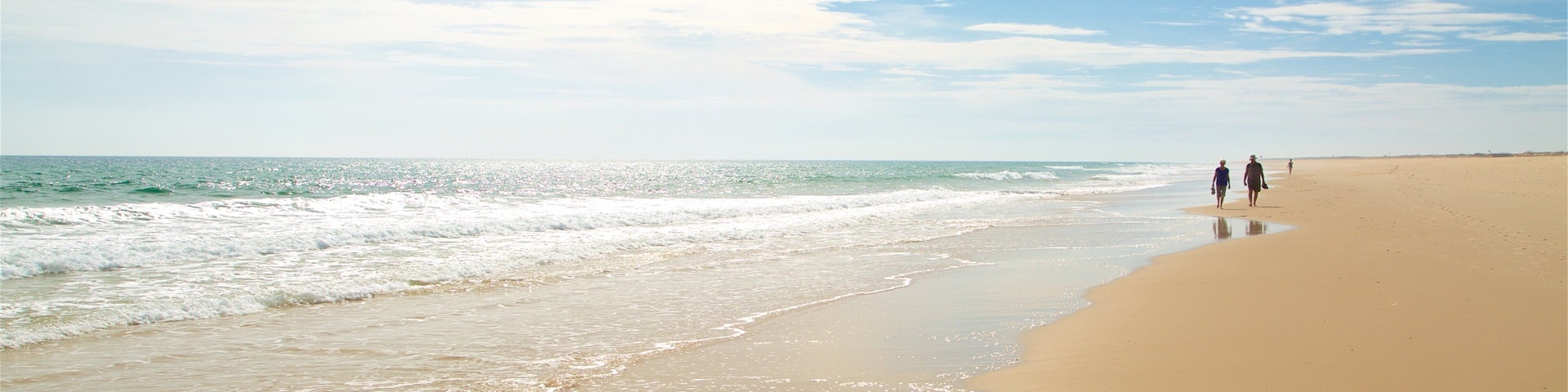 Una playa con olas, cielo despejado y dos personas caminando.