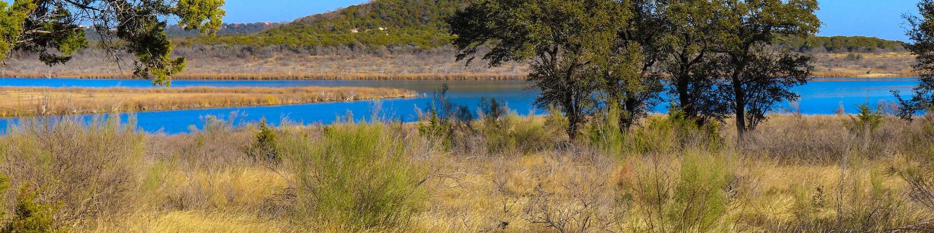 Stillhouse Hollow Lake landscape with trees, and a lush meadow at Dana Peak Park, Harker Heights Texas