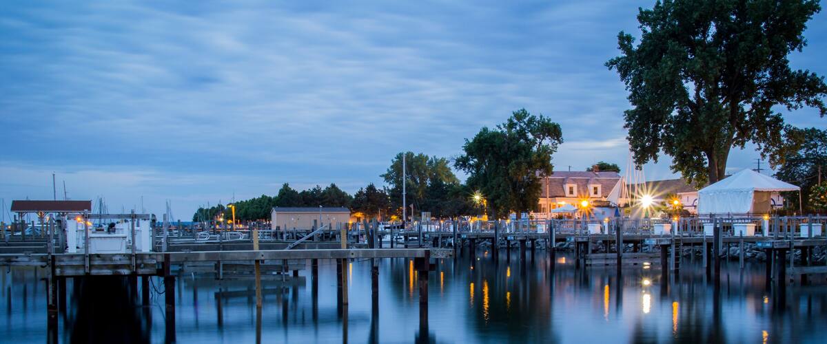 wooden dock marina at sunset