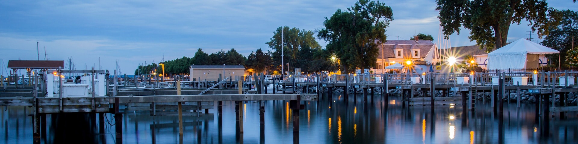 wooden dock marina at sunset